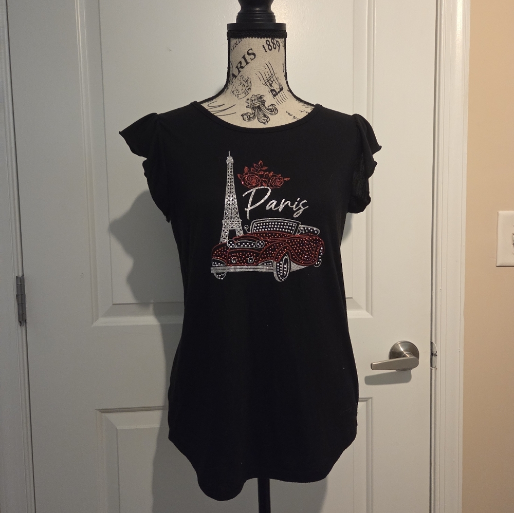 Black Graphic Ruffled Short Sleeve Tee